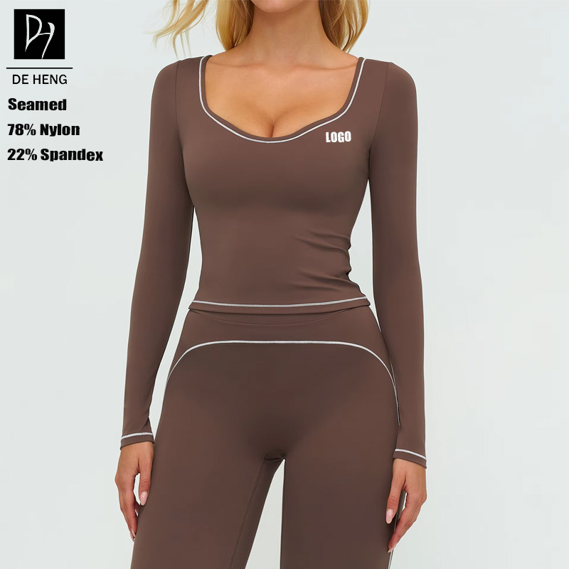 Christmas Custom Wholesale Womens Sportswear Brushed Nude Feeling Color Block U Neck Fitness Long Sleeve Yoga Top For Women