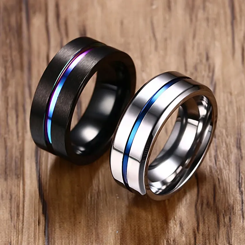 Black Silver Color Stainless Steel Rings for Men Rainbow Thin Line Rings Wedding Band Male Alliance Jewelry 8mm