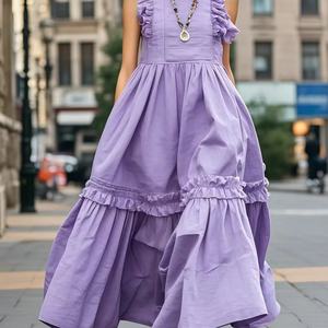Vestido Casual Elegante para Mujer 2025, Estilo Bohemio, Color Lavanda, con Volantes, Dobladillo Extra Grande, Vestidos Ecológicos, Tejido con Patrón Sólido - Product Image 3