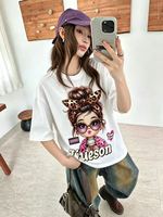 T-shirt blanc oversize pour femme, motif léopard dessin animé devant, motif léopard et lettres derrière, streetwear, manches courtes