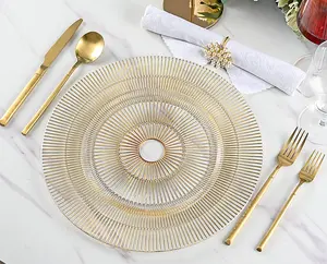 Embossed Design Charger Plate Luxury Gold Glass Charger Plates Round Glass Cushion Disc For Wedding Decoration Plates Cushion Disc Under Ceramic Disc