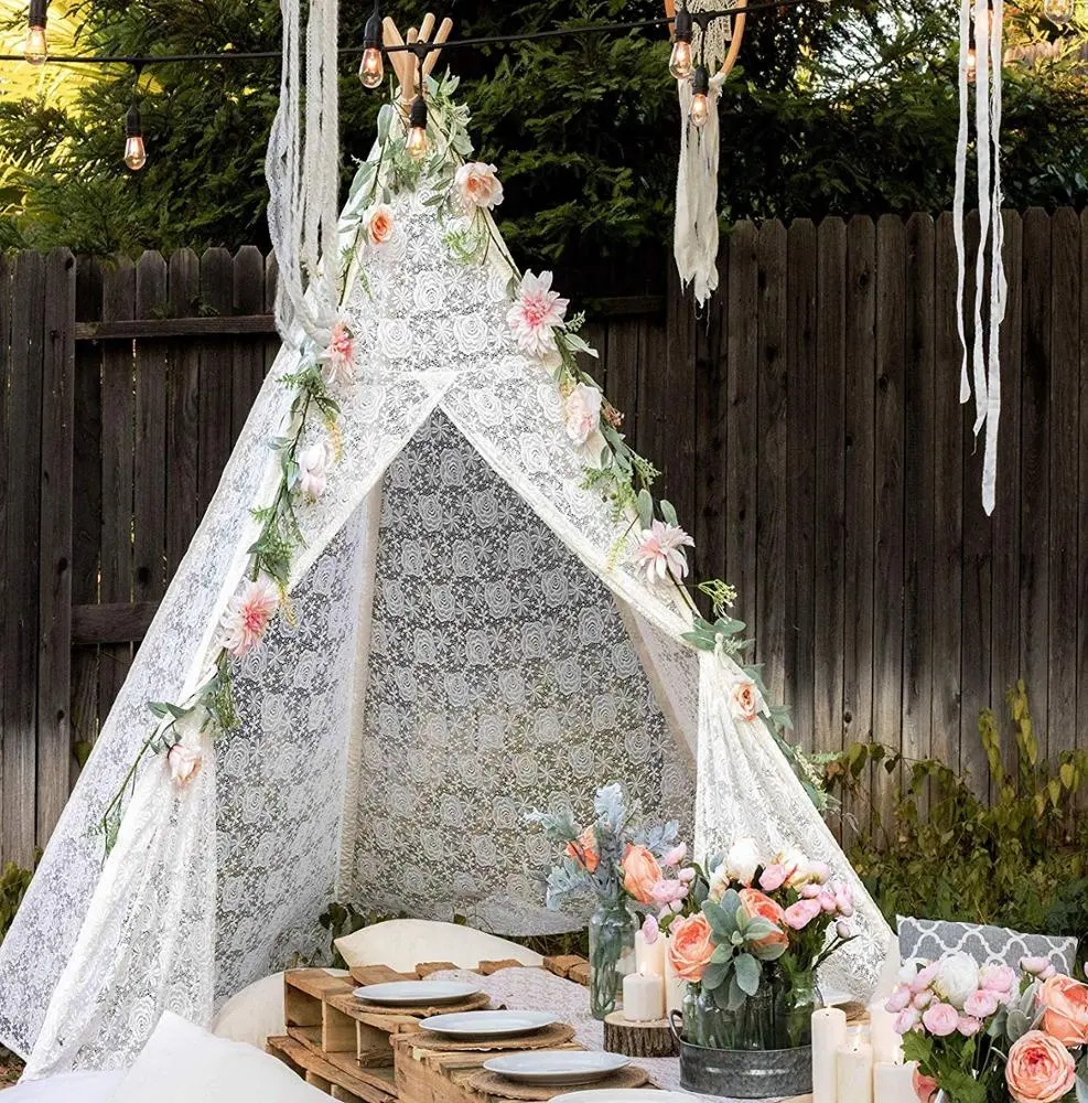 Tenda de luxo Tenda de Renda para o Casamento, Partido, Postes de Madeira Da Foto Prop Rendas Dossel Indoor & Outdoor Tent Crianças