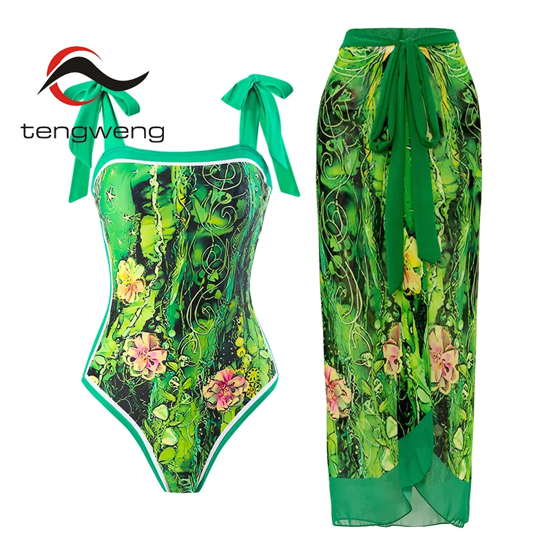 TW 2023 New trajes de bano para mujeres vintage print swimwear women one piece swimsuit with sarong