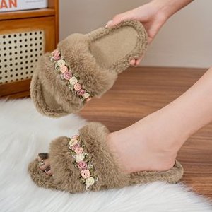 Chaussons d'intérieur doux et confortables pour femmes, version coréenne, à bout ouvert, antidérapants, en peluche perlée, à semelle épaisse, pour l'automne - Product Image 4