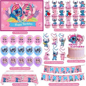 New Cross-Border Pink <strong>Stitch</strong> Theme Background <strong>Party</strong> <strong>Decoration</strong> Children's Birthday Paper Banner Cake Topper Balloon Set Digital - Product Image 2