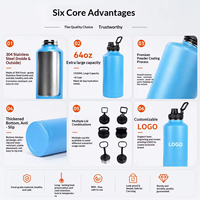Bouteille isotherme de 64 oz avec acier inoxydable 304, grande capacité, plusieurs options de couvercles disponibles