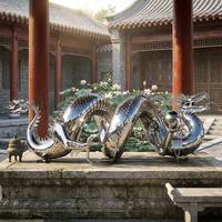 Statue de perle Loong en acier inoxydable poli, grand format, style moderne et contemporain, pour centre commercial, sculptures en acier inoxydable