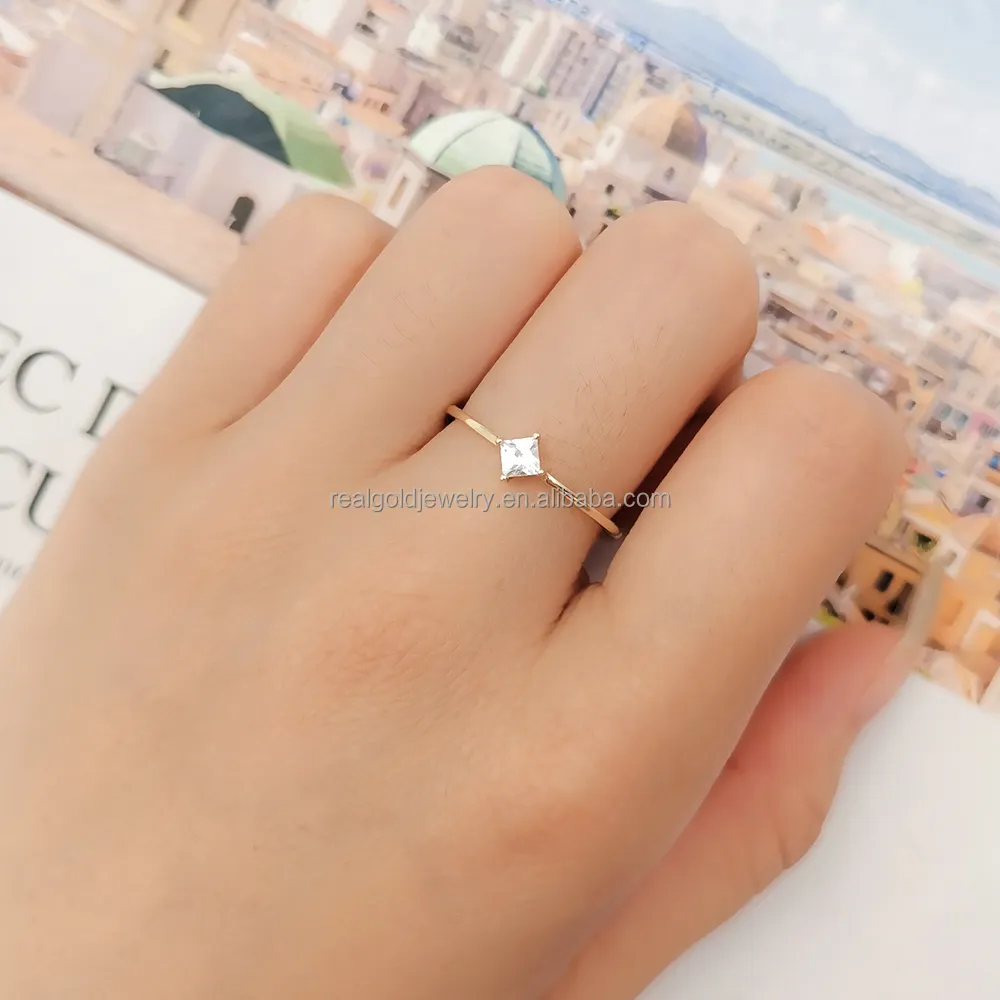 Real 14K Ring Gold Princess Cut Stone Simple Dainty Ring Fine Jewelry Wedding Engagement Finger Ring