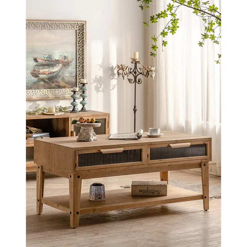 Mesa de centro de madeira multifuncional para sala de jantar, mesa de centro de chá com 4 gavetas de vidro, móveis para sala de jantar, prateleira, preço de atacado