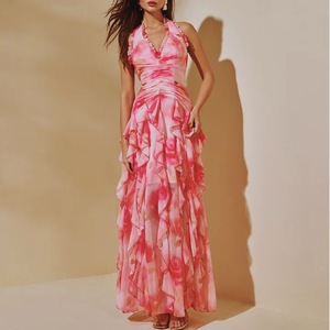 Women 2 Piece Swimwear Set Halter Ruffle Trim V Neck Front Ruched One Piece <b>Swimsuit</b> With Layered Ruffle <b>Long</b> Skirt Wholesale - Product Image 2