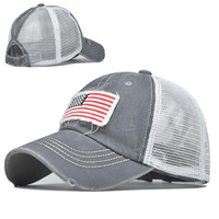 Gorra de malla de red con agujero de cola de caballo lavado de algodón, gorra de camionero bordada con bandera de EE. UU., gorra de béisbol transpirable desgastada para mujer