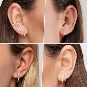 Ensemble de boucles d'oreilles empilables en cristal de cuivre, multi-percings, créoles huggie, clous d'oreilles à trois pierres, bijoux superposés pour femme, cadeau quotidien - Product Image 6