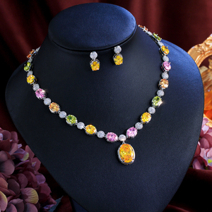Parure de bijoux 2 pièces Noble avec pendentif ovale en zircon cubique couleur arc-en-ciel et boucles d'oreilles pendantes pour <span class=keywords><strong>femme</strong></span>, accessoires de costume de mariée et de fête - Product Image 6