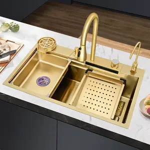 Dijital ekran paslanmaz çelik çekin şelale musluk Nano siyah çok fonksiyonlu altın mutfak lavabo ile dijital ekran