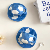 Tasse à café en céramique avec poignée, motif ciel bleu nuages blancs, style danois, avec soucoupe et cuillère, motif floral, pour la rentrée scolaire, écologique