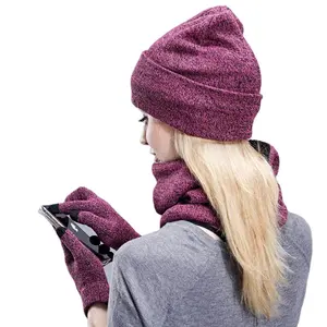 Womens Winter Warm Unsex Knit Beanie Hat Touchscreen Gloves Long Scarf Set with Fleece Skull Caps Neck Scarves for Women Men
