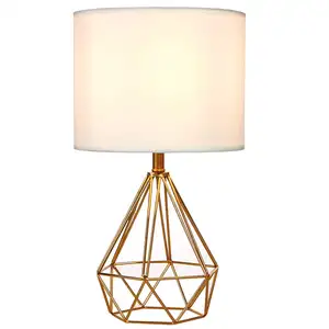 Energy Saving Bedroom Fabric Shade Golden Modern Metal Wire Base Bed Side Table Lamp