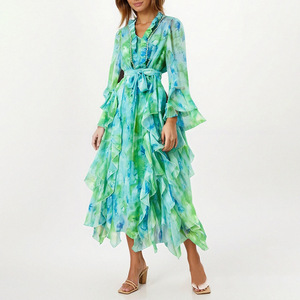 Abito <span class=keywords><strong>Lungo</strong></span> <span class=keywords><strong>da</strong></span> Donna Bohemien di Alta Gamma Senza Colletto Primavera 2026 Nuovo Design con Volant Ampio e Coprente Vita Alta con Lacci Effetto Snellente - Product Image 3