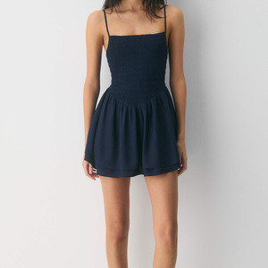 Mini robe smockée en mousseline de soie pour femmes, col carré, double couche, jupe fluide, dos nu, en mousseline de soie bleu marine, robe de soirée décontractée - Product Image 1