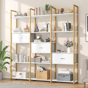 Étagères de présentation ouvertes dorées pour bureau à domicile <span class=keywords><strong>Etagere</strong></span> Triple Wide Shelf Book Case Tall Bookshelf 3 Drawers Storage Shelves Bookcase - Product Image 1