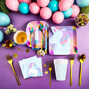 Ensemble de vaisselle jetable DAMAI pour fête licorne, assiettes et serviettes, pour anniversaire de filles, avec motif étoiles - Product Image 4