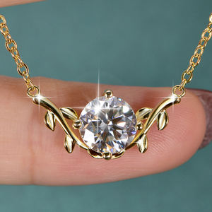 Elegante Collar con Colgante de Hoja y Cadena para Clavícula, Chapado en Oro Brillante, Moissanita de 2 Quilates, Color D, Claridad VVS1, Diseño de Planta de Vid, para Mujer - Product Image 3