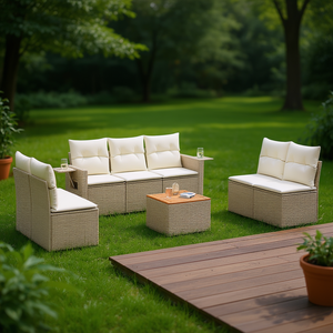 Ensemble de canapés de jardin en rotin beige 6 places, mobilier d'extérieur contemporain, structure en osier résistant aux intempéries - Product Image 2