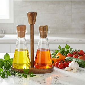 Dispenser per Olio d'Oliva e Aceto in Vetro Borosilicato Riciclato da 300ml con Tappo in Acacia e Supporto in Legno - Product Image 3