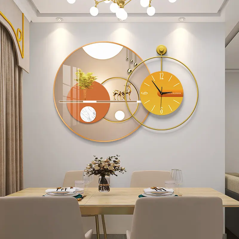 Decoración moderna de lujo para restaurante con reloj de Metal, marco de arte de pared redondo, pintura de porcelana de cristal, decoración del hogar