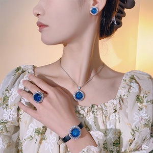 Vintage Eco-friendly Copper Gold Plated 16-10MM Blue Zircon Necklace <b>Earrings</b> Ring 4 Pieces Set Jewelry for Minimalist Style - Product Image 6
