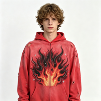 Hoodie Zip Up Heavyweight dengan Cetakan Api Distressed, Gaya Streetwear, Bahan Vintage Wash, Warna Merah, Grafis, untuk Pria