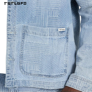 ชุดเซ็ตเสื้อแจ็คเก็ตยีนส์ติดกระดุมและกางเกงขาสั้นเดนิมลายปะติดสไตล์ซาชิโกสำหรับผู้ชาย แบรนด์สตรีทแวร์ ขายส่ง - Product Image 4