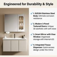 Meuble de salle de bain mural en acier inoxydable antirouille beige à trois portes avec miroir intelligent et écran LED chaud, style contemporain