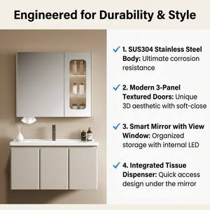 Meuble de salle de bain mural <span class=keywords><strong>en</strong></span> acier inoxydable antirouille beige à trois portes <span class=keywords><strong>avec</strong></span> miroir intelligent et écran LED chaud, style contemporain - Product Image 2