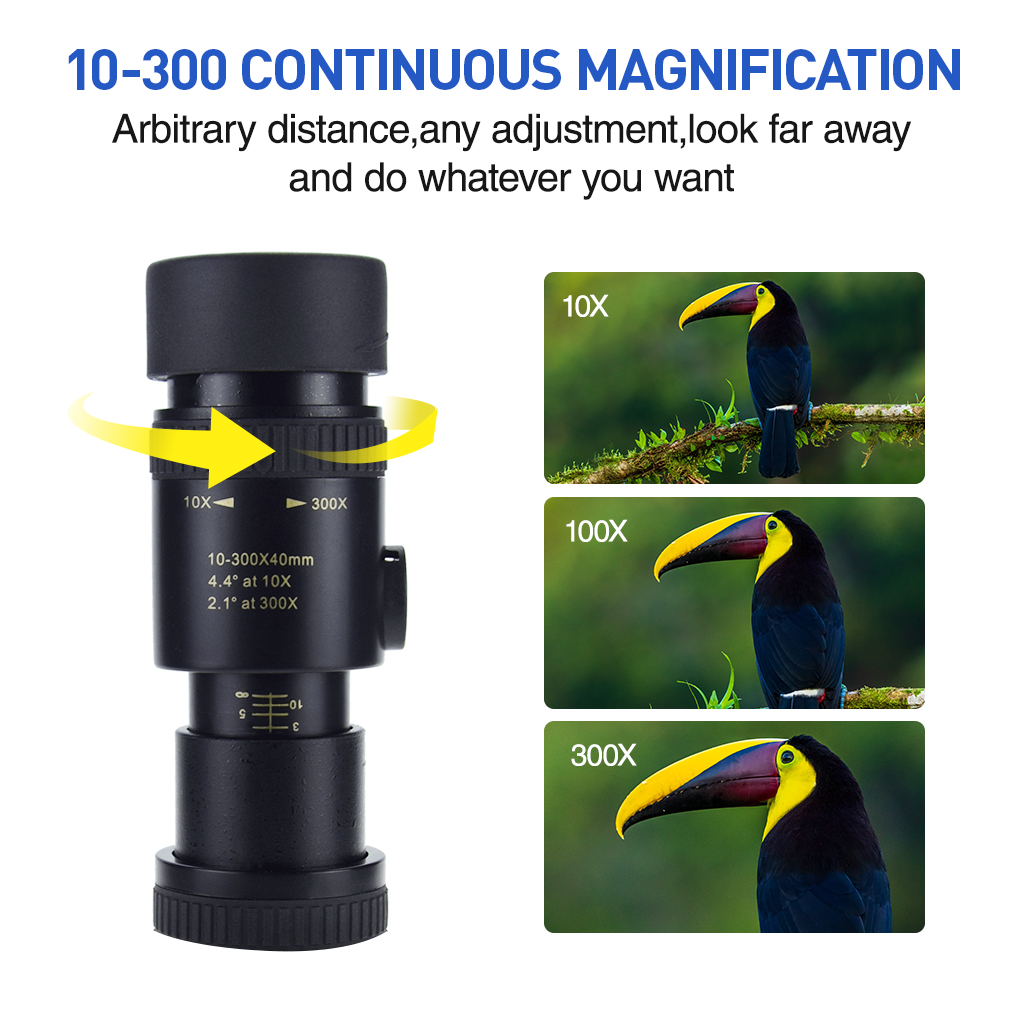 Phone Monocular Telescope  4K 10-300X40mm Super Telephoto Zoom Monocular Telescope Waterproof Night Vision
