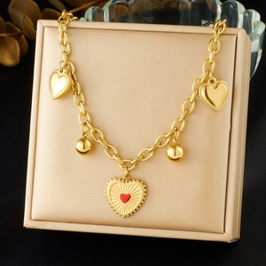 Heart-Shaped Stainless Steel Pendant Necklace Gold Plated Chain With Red Heart Charm Unisex Gift Jewelry - Product Image 1