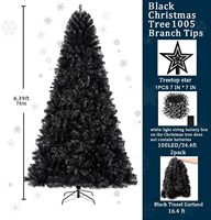 1,8m Faltbarer Künstlicher Schwarzer Weihnachtsbaum mit 200 LED-Lichtern, Stern-Tinsel-Girlande für Innen-/Außen-Feiertagsdekoration