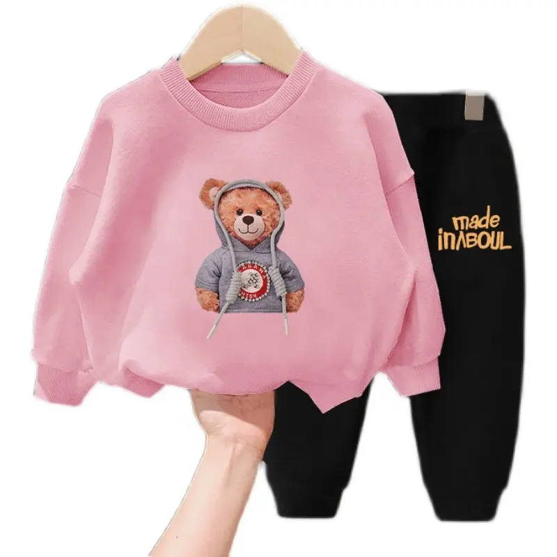Детские комплекты одежды с мультяшным медведем для мальчиков и девочек, осенне-зимняя детская одежда, спортивный костюм, наряды, модные теплые свитшоты, костюмы