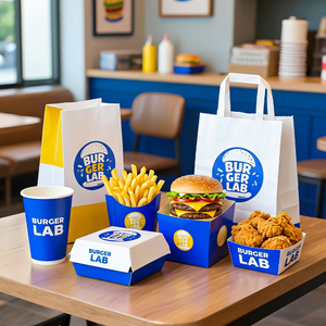 Boîtes en carton blanc biodégradable et recyclable imprimées sur mesure pour les en-cas rapides, les hamburgers, les frites, les plats frits - Product Image 1