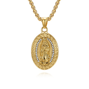 Collier unisexe en acier inoxydable avec pendentif ovale rétro Madonna style européen-américain, serti pavé, idéal comme cadeau - Product Image 5