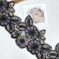 Bordure en dentelle florale brodée de sequins noirs |   Dentelle en maille florale colorée pour Abaya, Kaftan, manches de robe, bordure décorative