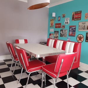 Conjunto de Asientos de Estilo Retro de los Años 50 para Comedor, Mesa y Sillas de Cuero PU Rojo y Blanco, Muebles de Estilo Americano para Cafetería - Product Image 1