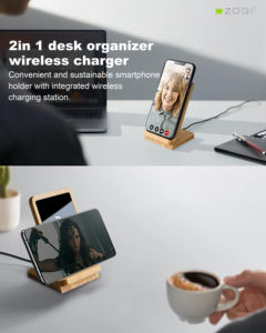 Support de téléphone en bois de bambou avec logo LED personnalisé, chargeur sans fil rapide 15W pour <span class=keywords><strong>smartphone</strong></span> - Product Image 5
