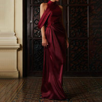 ZYHT 73423 Usine Directe Personnalisable Femmes Bourgogne Satin Longue Robe avec Col Licou Asymétrique pour les Occasions de Soirée