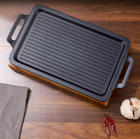 Four de barbecue de cuisinière à alcool de gril de table portatif avec la base en bois de casserole de gril en fonte d'aluminium antiadhésive