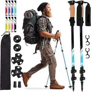 碳纤维登山杖、轻质可折叠减震徒步旅行、带天然软木塞把手的步行杖