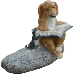 Z10455A Patung Hewan Dekorasi Rumah Kucing, Buku Baca Anjing Di Batu Patung Resin Hadiah Miniatur