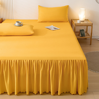 Ensemble de literie 3 pièces en coton lavé uni jaune pur, style nordique, avec dentelle et volants, à prix abordable