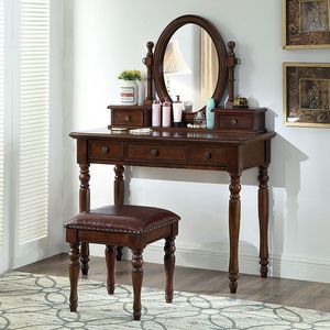 Solid Wood Dressing Table With Mirror And Storage Drawers Bedroom Vanity Makeup Desk Mahogany Finish Classic American Style - Product Image 1