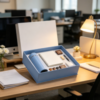 Coffret Cadeau Bleu pour Bureau avec Thermos, Carnet, Stylo, Étui pour Écouteurs, Capsules de Café – Emballage Personnalisé en Gros, Ensemble Cadeau